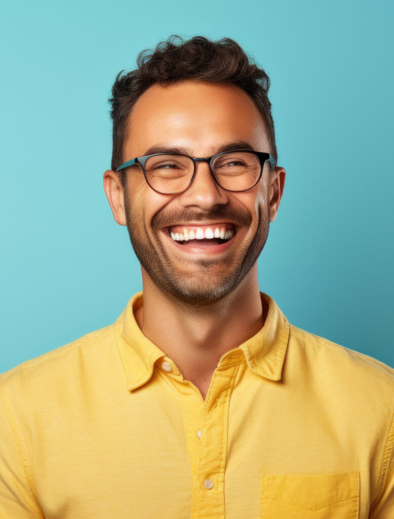Smiling man in yellow shirt and glasses